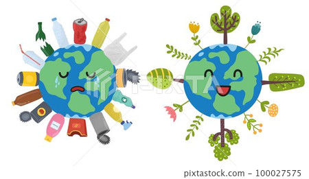 Save the planet print with cute character. Two states of Earth 100027575