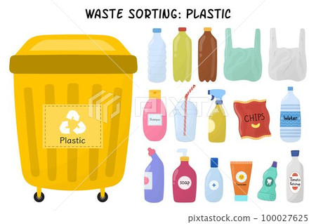 Plastic garbage sorting set. Yellow trash can for plastic waste with bottles and packages 100027625