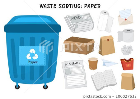 Paper waste sorting set. Blue trash can for paper and cardboard garbage Paper waste sorting set. Blue trash can for paper and cardboard garbage 100027632