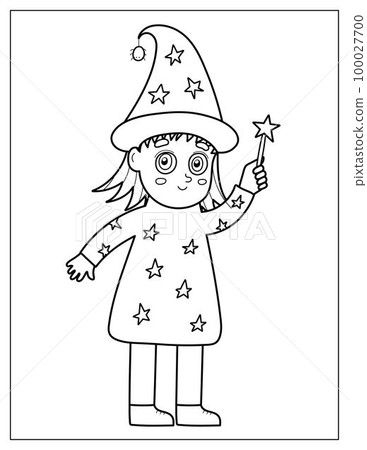 Halloween coloring page with a cute witch. Girl in magician costume Halloween coloring page with a cute witch. Girl in magician costume 100027700