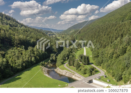 River Ostravice under Sance dam, water reservoir and dam in Beskid mountains. Czech Republic. 100027870