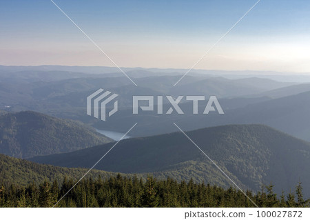 Sance dam, water reservoir and dam in Beskid mountains. Czech Republic. View of the landscape at ascent to Lysa hora. Sance dam, water reservoir and dam in Beskid mountains. Czech Republic. View of the landscape at ascent to Lysa hora. 100027872