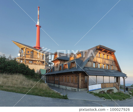 Television transmitter and chalets on Lysa Hora, beskid mountains, Czech republic at summer sunset time. Television transmitter and chalets on Lysa Hora, beskid mountains, Czech republic at summer sunset time. 100027926