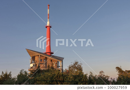 Television transmitter on Lysa Hora, beskid mountains, Czech republic at summer sunset time. 100027959