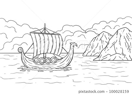 Viking boat at sea. Nordic Drakkar, Swedish warship. Longship with oars. Cartoon scandinavian sailboat for coloring book 100028159