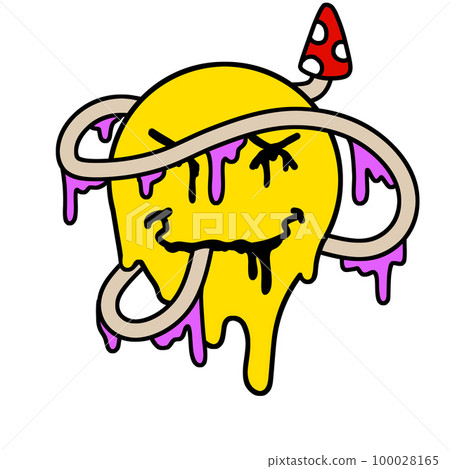 Acid smile face with brain. Melted rave and techno symbol of 90s. 100028165