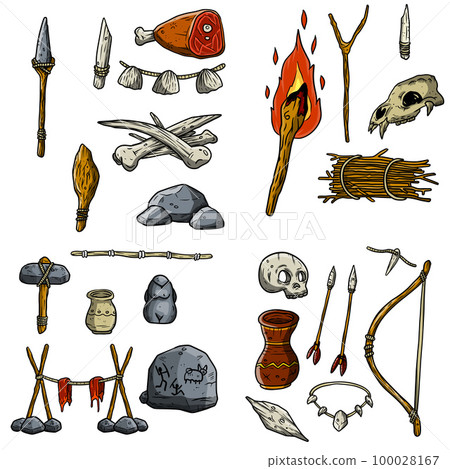 Set of items of primitive man and hunter. Weapons of caveman. Stone age hammer, axe and club. Lifestyle and tool. Cartoon illustration 100028167