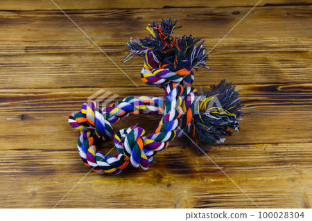 Colorful rope toy for dog on wooden background 100028304