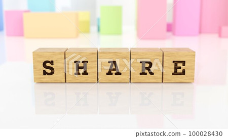 A wooden block with the letters SHARE printed on it A wooden block with the letters SHARE printed on it 100028430