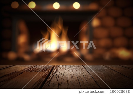 Empty wooden surface with blurred fireplace on background. Product background. Generative Ai image Empty wooden surface with blurred fireplace on background. Product background. Generative Ai image 100028688