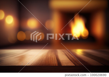Empty wooden surface with blurred fireplace on background. Product background. Generative Ai image Empty wooden surface with blurred fireplace on background. Product background. Generative Ai image 100028690