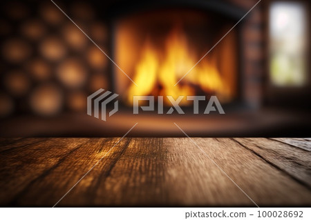 Empty wooden surface with blurred fireplace on background. Product background. Generative Ai image Empty wooden surface with blurred fireplace on background. Product background. Generative Ai image 100028692