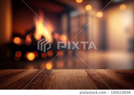 Empty wooden surface with blurred fireplace on background. Product background. Generative Ai image 100028696