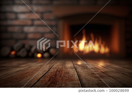 Empty wooden surface with blurred fireplace on background. Product background. Generative Ai image 100028699