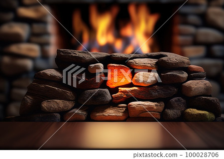Empty wooden surface with blurred fireplace on background. Product background. Generative Ai image 100028706