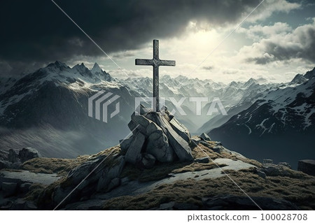 Cross in mountains. Generative Ai image 100028708