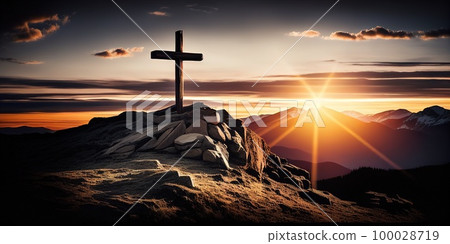 Cross in mountains. Generative Ai image 100028719