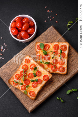 Delicious fresh toast or bruschetta with tomatoes, cheese, herbs, salt and spices Delicious fresh toast or bruschetta with tomatoes, cheese, herbs, salt and spices 100028770