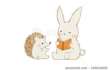 A rabbit reading a book to a hedgehog 100028809