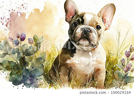French Bulldog puppy. Portrait of a French Bulldog dog. Spring dog portrait 100029184