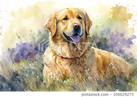 Golden retriever. Portrait of a golden retriever dog. Watercolor spring dog portrait 100029275