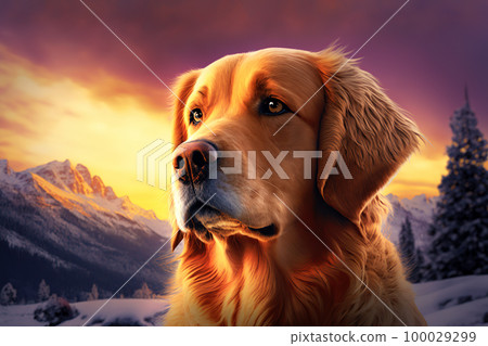 Golden retriever. Portrait of a golden retriever dog. Winter dog portrait Golden retriever. Portrait of a golden retriever dog. Winter dog portrait 100029299