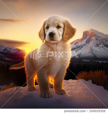 Golden retriever puppy. Portrait of a golden retriever dog. Winter dog portrait Golden retriever puppy. Portrait of a golden retriever dog. Winter dog portrait 100029308