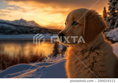 Golden retriever puppy. Portrait of a golden retriever dog. Winter dog portrait Golden retriever puppy. Portrait of a golden retriever dog. Winter dog portrait 100029313