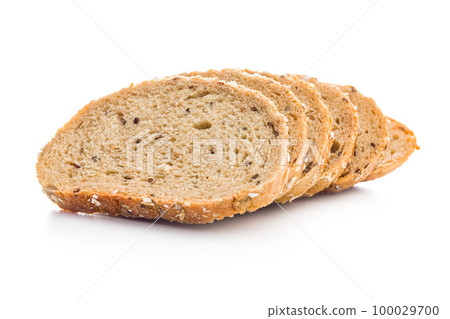 Sliced whole grain bread. Tasty wholegrain pastry with seeds isolated on white background. Sliced whole grain bread. Tasty wholegrain pastry with seeds isolated on white background. 100029700
