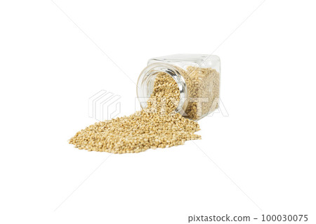 quinoa falling out of a glass jar isolated on white background. nutrition. food ingredient. 100030075