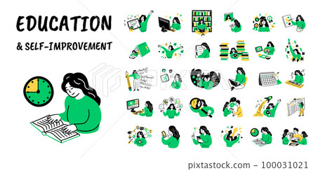 Cartoon Color Educational and Self-Development Concept Set Flat Design Style. Vector illustration of Scenes with Different Education Process Cartoon Color Educational and Self-Development Concept Set Flat Design Style. Vector illustration of Scenes with Different Education Process 100031021