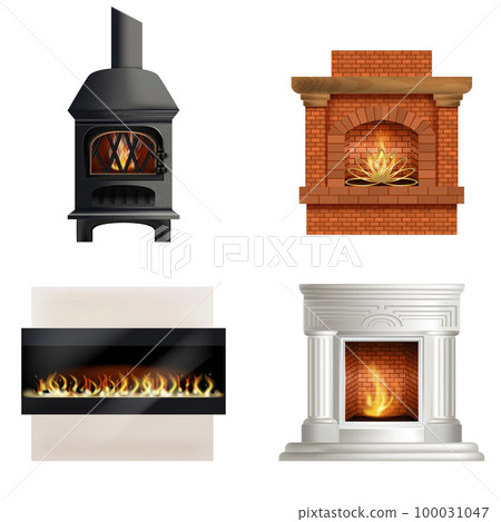Realistic Detailed 3d Different Fireplaces and Hearths with Firewood Flames Set. Vector illustration of Fireplace and Hearth 100031047