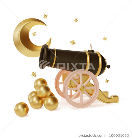 3d Ramadan Kareem Concept with Metal Crescent Moon and Iftar Cannon Plasticine Cartoon Style. Vector illustration 100031053