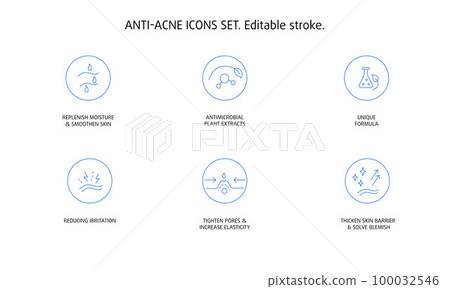 Anti acne antibacterial cosmetic and beauty product icon set for web or packaging design. Vector stock illustration isolated on white background. Editable stroke. EPS10 100032546