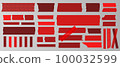 Washi tapes. Semi-transparent pieces of ribbons. Red, burgundy, colors of pieces of washi tape with torn edges. Set of adhesive scrapbooking ribbons isolated on a transparent background. 100032599