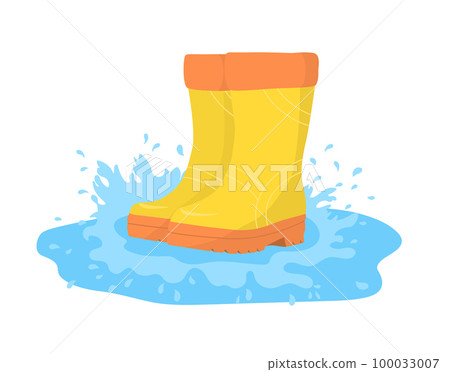 Yellow rubber boots in a puddle make a splash of water. Vector illustration 100033007