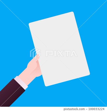 Hand of businessman holding white sheet of paper. empty list, placard, poste, clipboard for text. Vector illustration on blue background 100033224