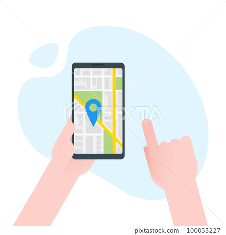 Hand holds smartphone with city map gps navigator on smartphone screen. Mobile navigation concept. Modern simple flat design for web banners, web sites, infographics. Creative vector illustration Hand holds smartphone with city map gps navigator on smartphone screen. Mobile navigation concept. Modern simple flat design for web banners, web sites, infographics. Creative vector illustration 100033227