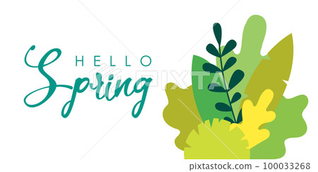 Vector illustration in trendy flat simple style - background with copy space for text - plants, leaves, trees - background for banner, greeting card, poster, advertising - hand-lettering hello spring Vector illustration in trendy flat simple style - background with copy space for text - plants, leaves, trees - background for banner, greeting card, poster, advertising - hand-lettering hello spring 100033268