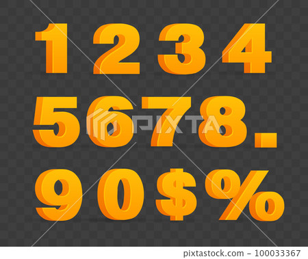 Set of volumetric shiny numbers and percent sign. Orange numbers set, 3d objects. 1, 2, 3, 4, 5, 6, 7, 8, 9, 0. Vector 100033367