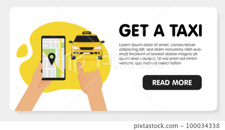Ordering online taxi on smartphone vector illustration, flat carton design of mobile phone, taxicab in bubble, city map location destination, person calling or taking taxi in cellphone isolated 100034338