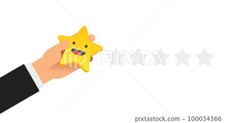 Hand putting five gold stars with smile face on white background. Quality, opinion and success concept. Flat design. Vector illustration Hand putting five gold stars with smile face on white background. Quality, opinion and success concept. Flat design. Vector illustration 100034366
