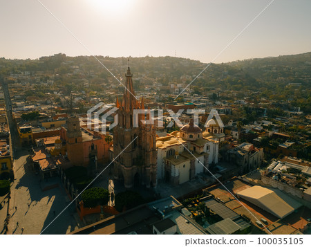 Panoramic aerial view of the Allende Garden that is in front of the Parroquia de San Miguel Arcangel 100035105