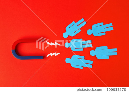 Magnet and paper people on red background, flat lay Magnet and paper people on red background, flat lay 100035278