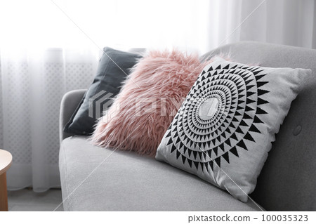Soft pillows on modern sofa in living room 100035323