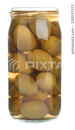 Glass jar with pickled olives isolated on white 100035522