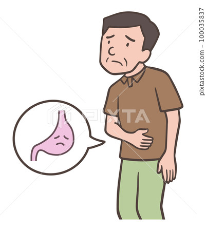 An uncle with a bad stomach, a middle-aged man who puts his hand on his stomach 100035837