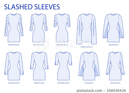 Set of Slashed sleeves clothes long, short, hanging, cape, slashed, slit technical fashion illustration with fitted body Set of Slashed sleeves clothes long, short, hanging, cape, slashed, slit technical fashion illustration with fitted body 100036426
