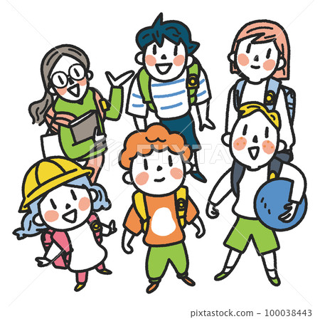 Cheerful elementary school students looking up at the sky illustration material 100038443