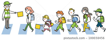 Elementary school students energetically commuting to and from school under the watchful eye of traffic guidance volunteers Illustration material Elementary school students energetically commuting to and from school under the watchful eye of traffic guidance volunteers Illustration material 100038456